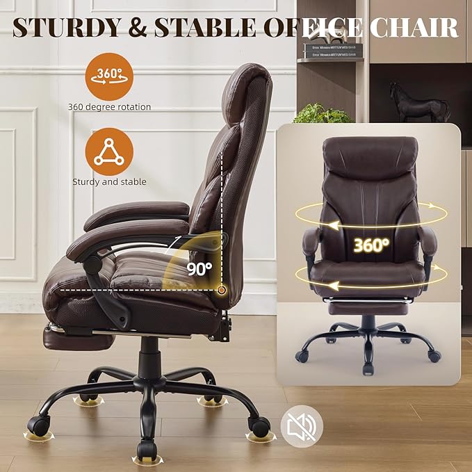 Leather Home Office Chair with Foot Rest,500lbs Big and Tall Ergonomic Desk Chair,360°Swivel Free,90°-155°Recline,43"- 47" Height Adjustable,Silent 360° Casters for Home Office Computer Desk