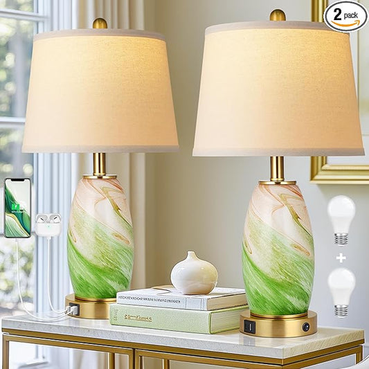 Green Lamps Set of 2 for Bedroom & Bedside with 3-Way Lighting Modes & USB C+A - Modern Style Glass Nightstand Table Lamps for Living Room & Bedroom Decoration (23.5" H)