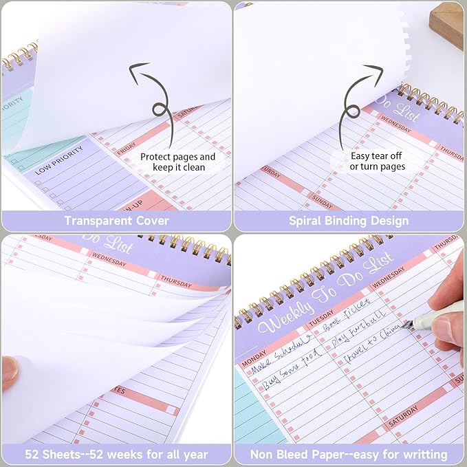 Weekly To Do List Notepad with 52 Undated Sheets, 8.5"×11" Week Desk Planner Undated Weekly Planner with Spiral Bound for Women & Man Home School and Work, Purple