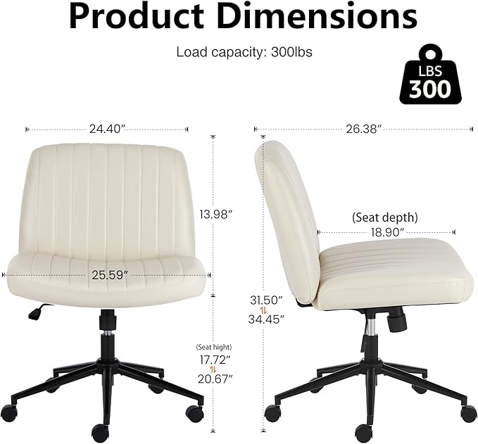 DUMOS Criss Cross Chair with Wheels, Legged Office Armless Wide Desk Seat Dual-Purpose Base, Adjustable Swivel Leather Task Vanity Home Office Desk Seating, Cream