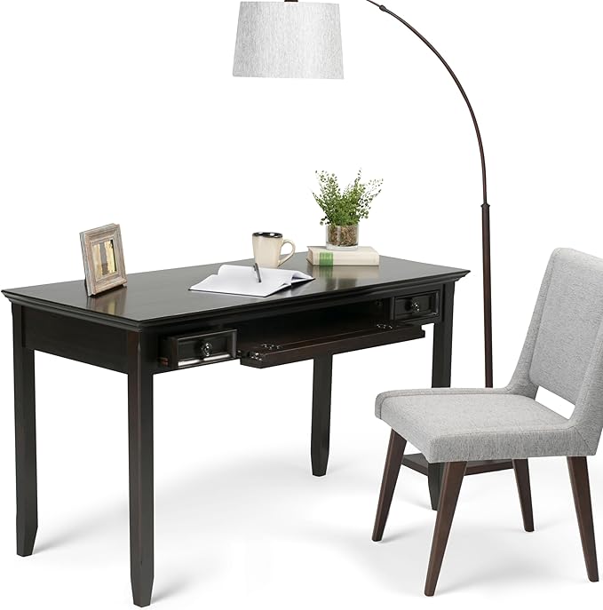 SIMPLIHOME Amherst Desk - 54-Inch Wide Solid Wood Writing Desk in Hickory Brown, Transitional Home Office Computer Table for Workspace or Study with 2 Drawers and Flip-Down Keyboard Tray