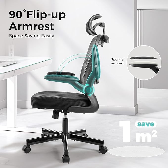 ALPHA HOME Ergonomic Office Chair with Massage Function&Coat Hunger, High-Back Mesh Computer Chair with Lumbar Support, Adjustable Height&Headrest&Flip-up Armrest, 360° Swivel Wheels, SGS Certified