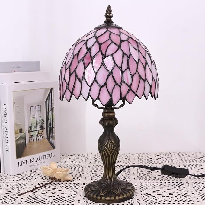 Small Tiffany Lamp Stained Glass Table Lamp Mini Desk Accent Light for Bedroom Bedside Reading Home Antique Style Decor 8X15 Inches (Pink Wisteria)