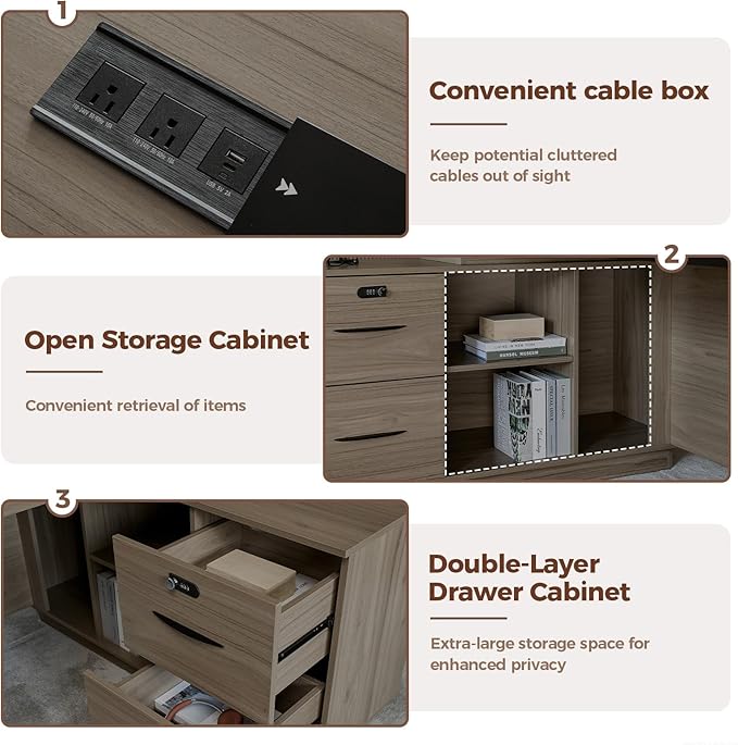 L Shape Executive Office Desk with Reversible Cabinets, Lockable Drawers, Cable Box & Privacy Panel – Modern Wood Grain Desk for Home Office or Business Use(Black Walnut,63" L*32" W*30" H)