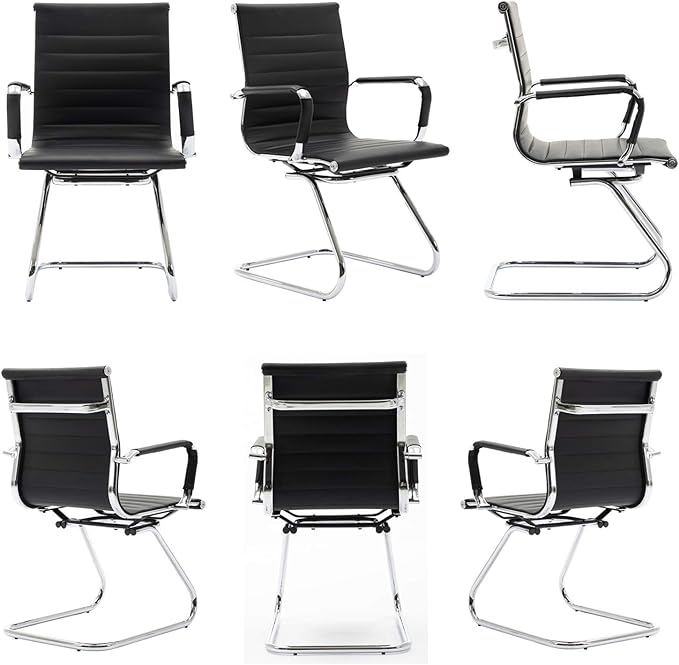 Wahson Office Guest Chairs Set of 6, Leather Reception Chairs, Mid Back Waiting Room Chair, Conference Chairs with Sled Base, Desk Chair No Wheels for Meeting/Lobby/Restroom, Black