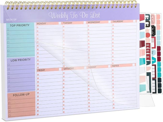 Weekly To Do List Notepad with 52 Undated Sheets, 8.5"×11" Week Desk Planner Undated Weekly Planner with Spiral Bound for Women & Man Home School and Work, Purple