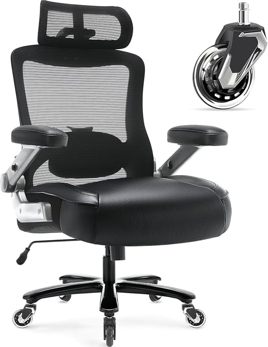 Big and Tall Office Chair 600lbs with 3D Flip Arms Adjustable Headrest - Heavy Duty Large Wheels Executive Computer Desk Chair, Ergonomic Lumbar Support Mesh High Back Plus Size Chair for Adults