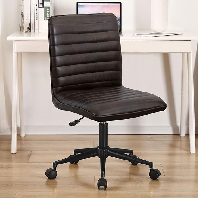 Furnimart Modern Armless Office Desk Task Chair - Upholstered Mid-Back Home Office Chair with 360 Degree Swivel and Adjustable Height - Leather (Black/Brown)