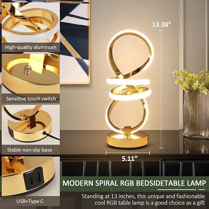 RGB Spiral Table Lamp, Modern LED Table Lamp, Chrome Cool Bedside Lamps, 7 Colors & 10 Light Modes Touch Dimmable LED Nightstand Lamp with USB/Type C for Bedroom, Living Room, Gold
