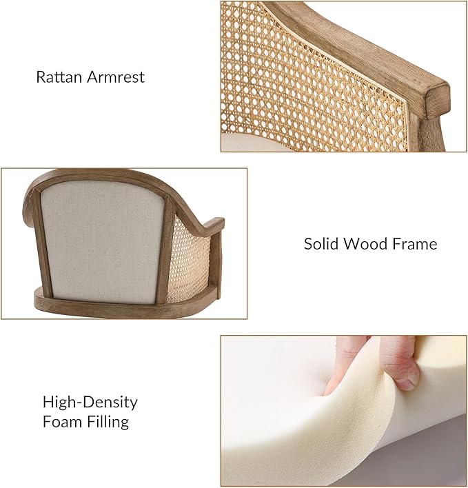 TINA'S HOME Rattan Desk Chair, Upholstered Home Office Chair with Armrest, Adjustable Swivel Rolling Height Computer Task Chair for Living Room Bedroom Study Room, Ivory