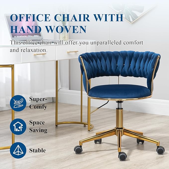 Home Office Chair with Hand Woven, Velvet Upholstered Desk Chair with Open Back, 360° Swivel & Height Adjustable Task Chair, Ergonomic Office Chair with Gold Base (Navy)