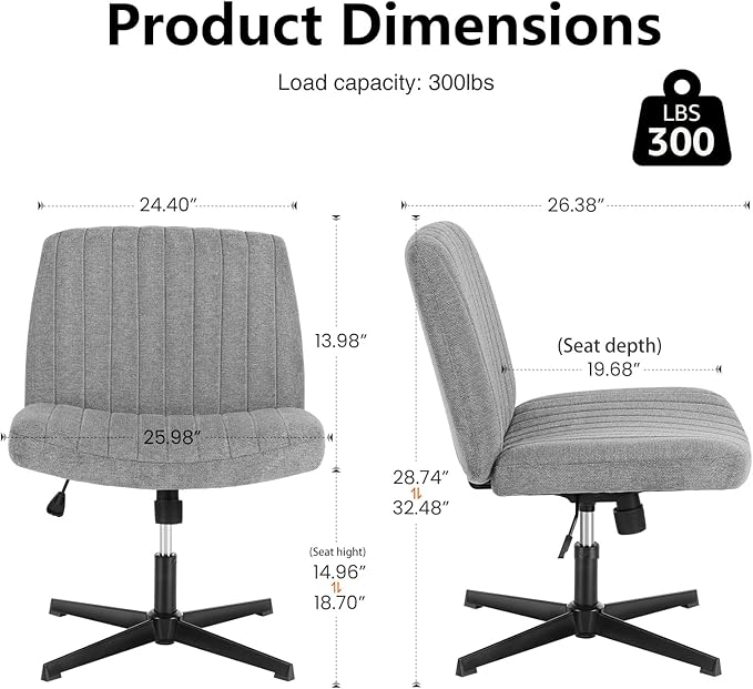 DUMOS Criss Cross Legged Chair Wide Comfy Home Office Desk Seat, No Wheels Armless Computer Task Seating, Swivel Vanity Chair Height Adjustable for Makeup Bedroom, Fabric Gay