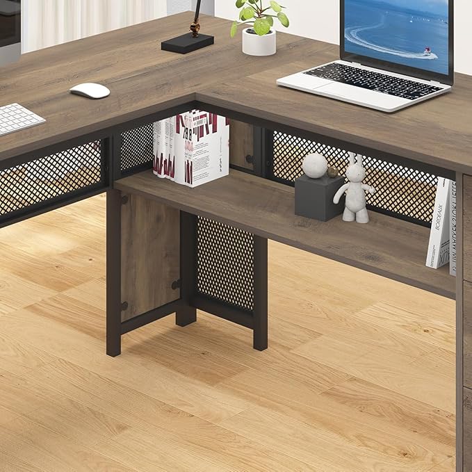 HSH Large L Shaped Home Office Desk with Drawers, Rustic L-shaped Computer Desk with Storage File Cabinet Shelves, Corner Reversible Metal Wood Executive Work Study Writing Table, 59 Inch Bedroom Desk