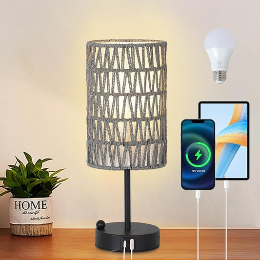 Touch Bedside Lamp For Bedroom with Bulb, Grey Boho Small Table Lamp For Living Room With Rattan & Linen Shade, 3 Way Dimmable Table Lamp For Nightstand With USB Charging Port & Phone Stand For Office