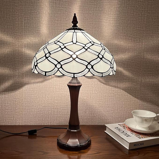 Tiffany Table Lamp,White Stained Glass Table Light,Antique Style Medium Size Desk Lamp Vintage Beside Reading Lamp for Living Room Bedroom Office