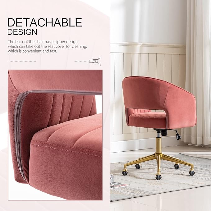 Nrizc Velvet Home Office & Living Room Desk Chairs with Adjustable Swivel Wheels, Ergonomic Upholstered Office Chair for Bedroom, Vanity Study (Rose)