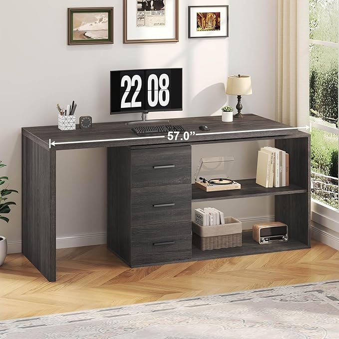 HSH L Shaped Computer Desk with Drawers, 360 Rotating L Shape Desk with Storage Cabinet Shelves, Industrial Home Office Desk for Executive Writing Study Work, Dark Wood Table Swivel Desk, Gray 55 Inch