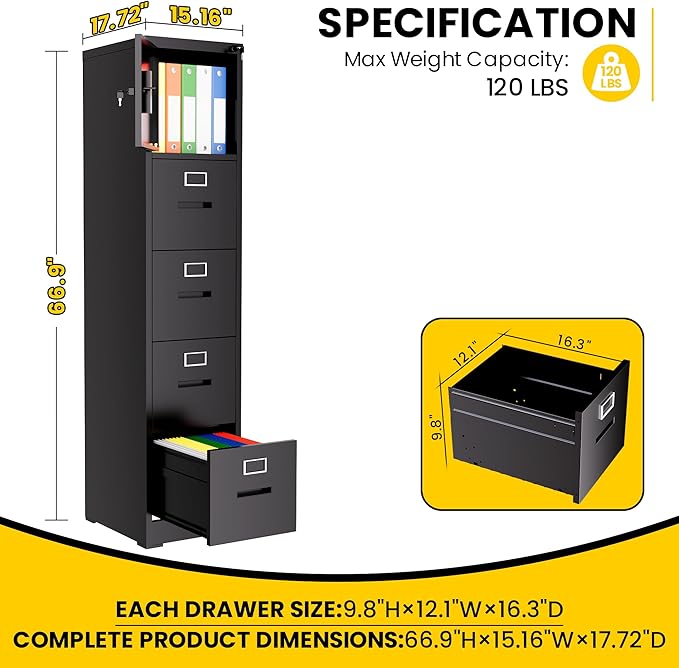 Vertical File Cabinet with 4 Drawers and 1 Door, Metal Filing Cabinet for Home Office, Lockable File Cabinets with Keys for Legal/Letter Size Hanging File Folders, Assembly Required, Black
