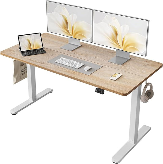Cubiker Standing Desk, Stand up Height Adjustable Home Office Electric Desk, 55 x 24 Inch Sit Stand Desk with Splice Board, Maple Desktop