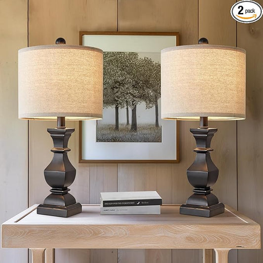 PoKat 20.5" Mid Century Table Lamp Sets of 2 for Living Room Retro Style Farmhouse Table Lamp for Bedroom Classic Beige Resin Bedside Night Light Lamps, Suitable for Small Place