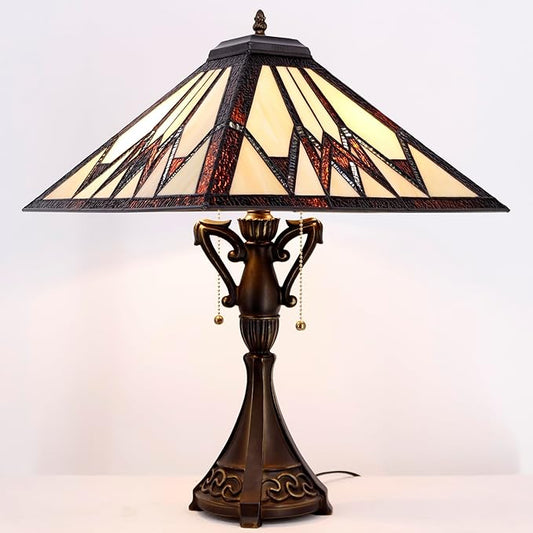 Tiffany Table Lamp Stained Glass Cream Amber Square Geometric Mission Style Desk Reading Light 16X16X24 Inch for Bedroom Living Room Home Office