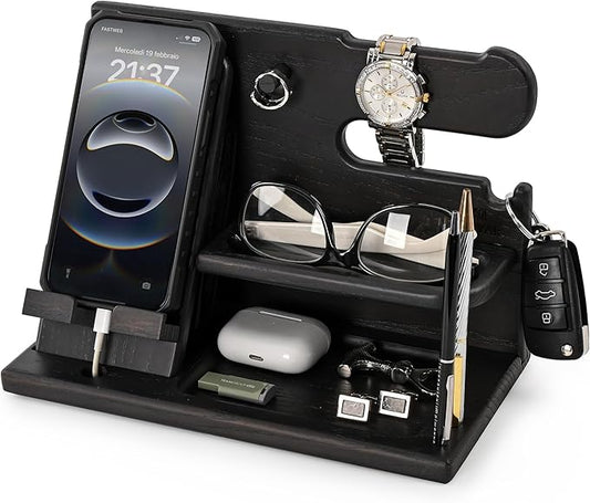 TESLYAR Wood Phone Docking Station for Men - Desk or Nightstand Organizer - Birthday Gifts for Husband or Dad - Anniversary Idea from Wife - Key Holder - Stand Wallet, Watch & Essentials (Deep Black)