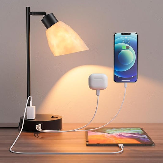 Neoglint Industrial Bedside Table Lamp, Dimmable Lamps for Bedrooms with USB A+C Ports AC Port, Vintage Moon Lampshade Desk Lamp 8W LED Bulb Bedside Nightstand Lamps for Living Room Office