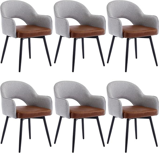 DUOMAY Modern Swivel Dining Chairs Set of 6, Linen & Faux Leather Upholstered Accent Side Chair, Home Office Desk Chair with No Wheels for Dining Room Living Room Office, Light Grey