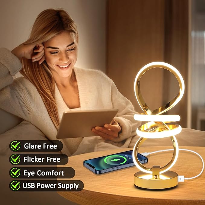 RGB Spiral Table Lamp, Modern LED Table Lamp, Chrome Cool Bedside Lamps, 7 Colors & 10 Light Modes Touch Dimmable LED Nightstand Lamp with USB/Type C for Bedroom, Living Room, Gold