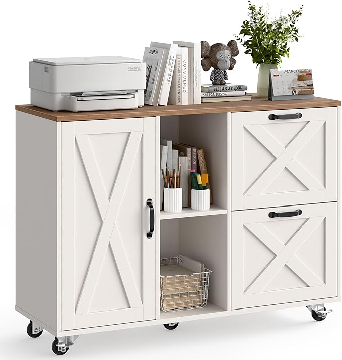 Lateral File Cabinet with 2 Drawers and Door, Mobile Farmhouse File Cabinet for Letter/A4 Size Hanging Files, Large Wood File Storage Cabinets Printer Stand for Home Office, White