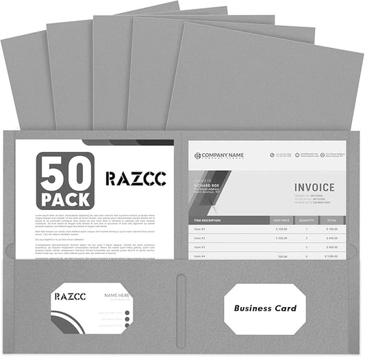 Two Pocket Folders, RAZCC 50 Pack 2Pocket Folders Fit Letter Size Paper, Paper Folders with Pockets for School Office Business Home, Grey, Gray
