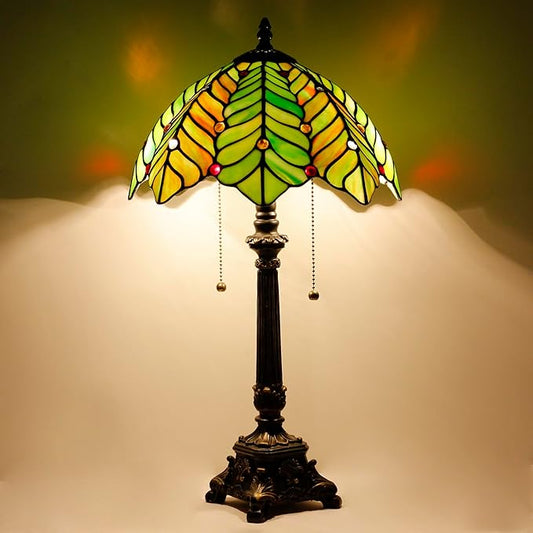 Tiffany Table Lamp Brown Green Leaf Style Stained Glass Desk Lamp 12X12X21 Inches Reading Light