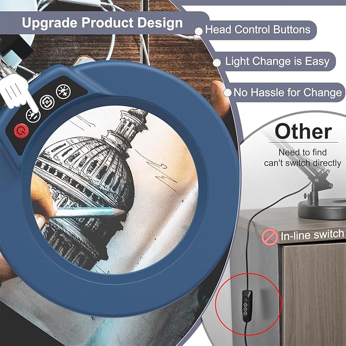 10X Magnifying Glass with Light and Stand, Upgrade Button 5 Color Modes Stepless Dimmable, 2-in-1 LED Lighted Magnifier Light, Hands Free Desk Lamp with Clamp for Craft Hobby Close Work - Blue