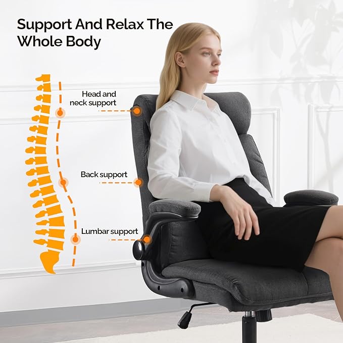 VINGLI Rolling Ergonomic Office Desk Chair with Padded Flip-up Arms, 360° Swivel High Back Executive Computer Task Chair with Wheels for Game，Home Small Space, Study Room, Reading Room, Linen Black