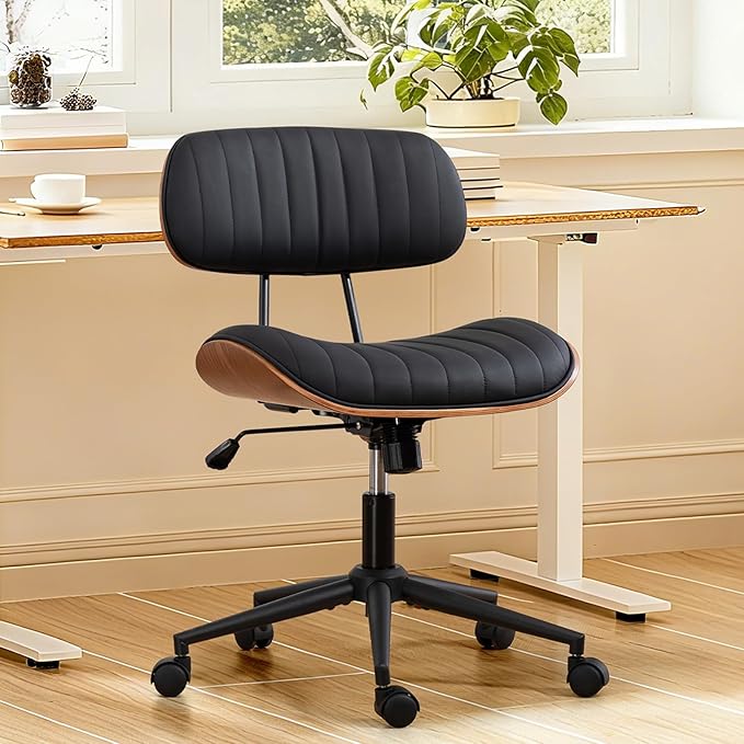 Home Office Chair with Wheels, Adjustable Height Desk Chair Leather Swivel Computer Chair, Armless Modern Walnut Chair for Office, Meeting Room, Black