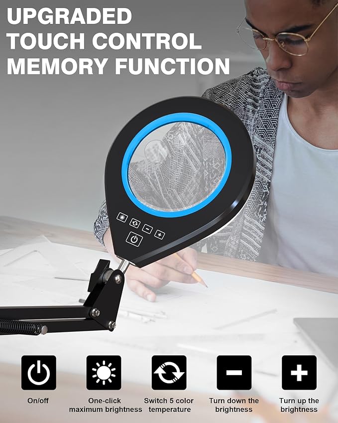 10X & 5X Magnifying Glass with Light, Ultra Long Swing Arm, 5 Colors & 10 Brightness, Real Glass Lens Large Magnifying Lamp for Craft Painting Workbench Jewelry Making Hobby Close Work (Blue)