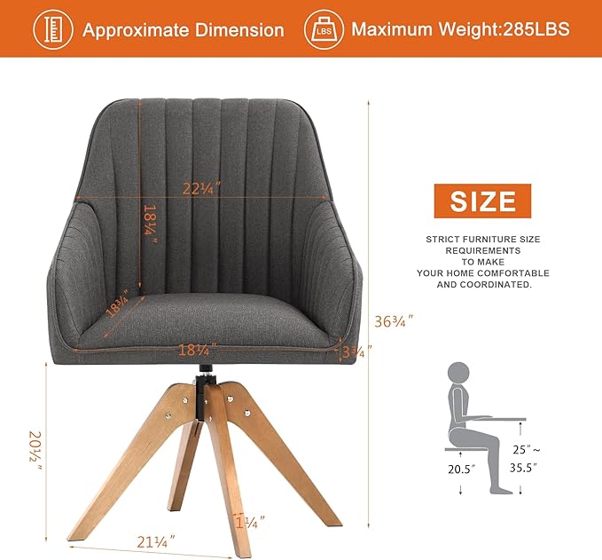 Furniliving Mid Century Modern Accent Chair, 36.8 Inch Upholstered Swivel Chair for Living Room with Arms Home Office Desk Chair for Bedroom Wood Legs Computer Task Chair No Wheels, Darkgrey