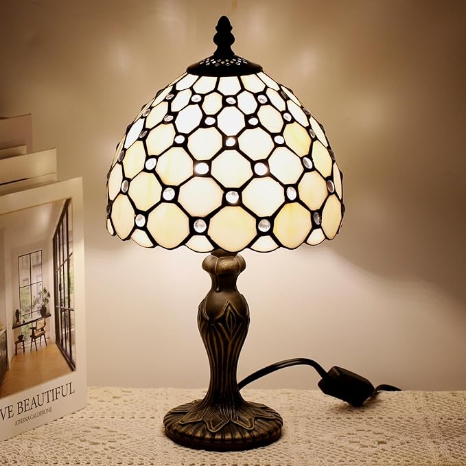 Small Tiffany Lamp Stained Glass Table Lamp Mini Desk Accent Light for Bedroom Bedside Reading Home Antique Style Decor 8X15 Inches (White Yellow)