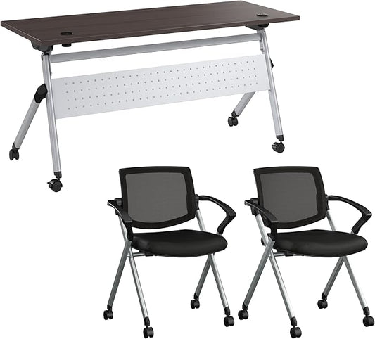 Bush Business Furniture Folding Training Table Set for 2, 60 inch Desk with Powered Grommets and 2 Chairs with Arms, Commercial-Grade Bundle for Office or Classroom, Envision Collection, Gray