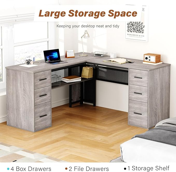 HSH Large L Shaped Desk with Storage File Cabinet，Corner L-Shaped Computer Desk with Drawers Shelves, Home Office Bedroom Metal Wood Study Writing Table Executive Workstation, Light Grey Oak, 59 Inch