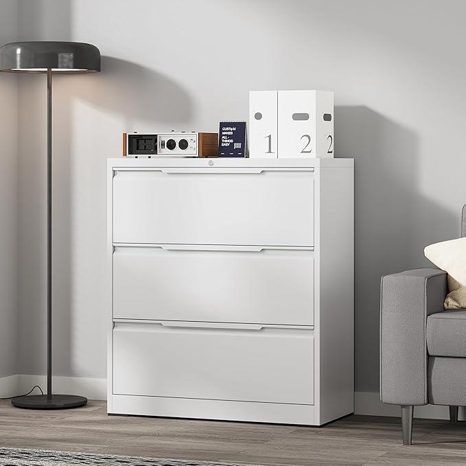 Coolsun Lateral File Cabinet, 3 Drawer File Cabinet with Lock, Wide Filing Cabinet for Home Office, Metal Locking Cabinet for Hanging A4/F4/Letter/Legal, Assembly Required (White, 3 Drawer)