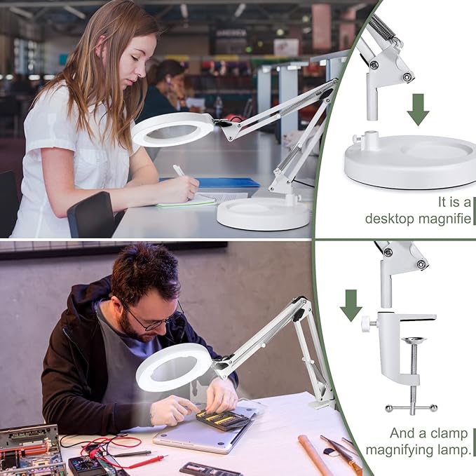 10X Magnifying Glass with Light and Stand, Upgrade Button 5 Color Modes Stepless Dimmable, 2-in-1 LED Lighted Magnifier Light, Hands Free Desk Lamp with Clamp for Craft Hobby Close Work - White