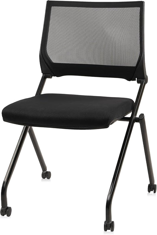 CLATINA Stackable & Foldable Waiting Room Chairs, Conference Room Chairs with Wheels & Lumbar Support, Ergonomic Mesh Bouncing Back Folding Chair for Office Meeting Schools Training, Black, 1PK