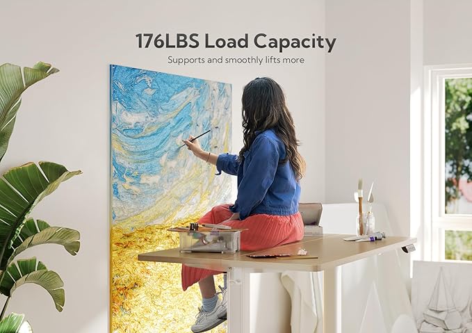 Claiks Electric Height Adjustable Stand Up Desk, 35x20 Inches Sit Stand Desk for Home Office, Nature Top/White Frame