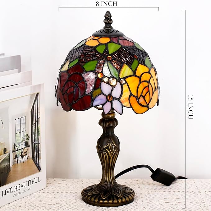 Small Tiffany Lamp Stained Glass Table Lamp Mini Desk Accent Light for Bedroom Bedside Reading Home Antique Style Decor 8X15 Inches (Red Yellow)