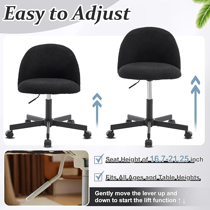 VINGLI Cute Candy Chair Armless Comfy Small Office Desk Vanity Chair with Wheels & Lumbar Support,Teddy Adjustable Rolling Swivel Computer Task Ch for Home Office,Bedroom,Black