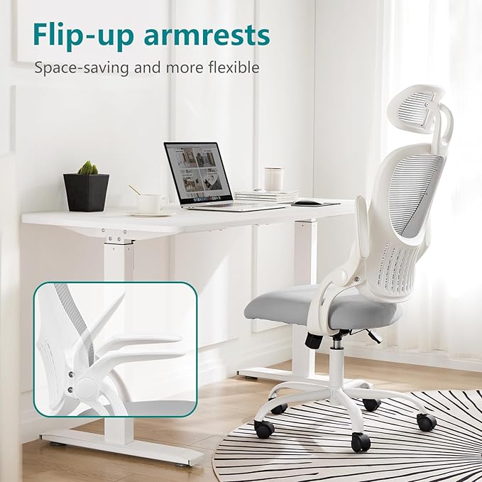 SMUG Office Chair Ergonomic Desk Lumbar Support, Computer Chairs Gaming Mesh with Wheels and Headrests, Flip-up Arm,Adjustable Position for Home, Work, Study, Grey