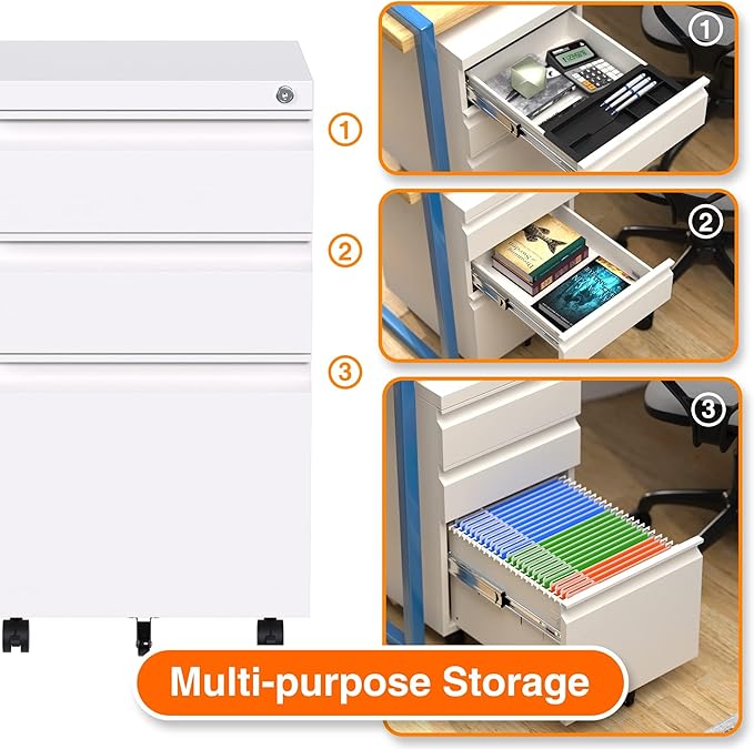 3 Drawer Metal Rolling File Cabinet with Lock, Under Desk Mobile Filing Storage Cabinet for Home Office School, Fully Assembled Except Wheels, White
