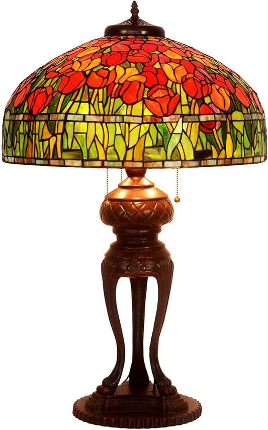 Tiffany Lamp Table Lamp Rose Dragonfly Tulip Wisteria Grape Peach Kapok Peony Apple Flower Design Stained Glass Lampshade Desk Lamp for Girl Living Room Iron Base W20 XH32,Tulip