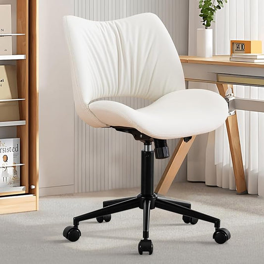 Rowill Armless Office Desk Chair, Ergonomic PU Leather Modern Task Chair with Back Adjustable Height, 360° Swivel Vanity Chairs with Wheels for Small Space, Home Office, Bedroom, White